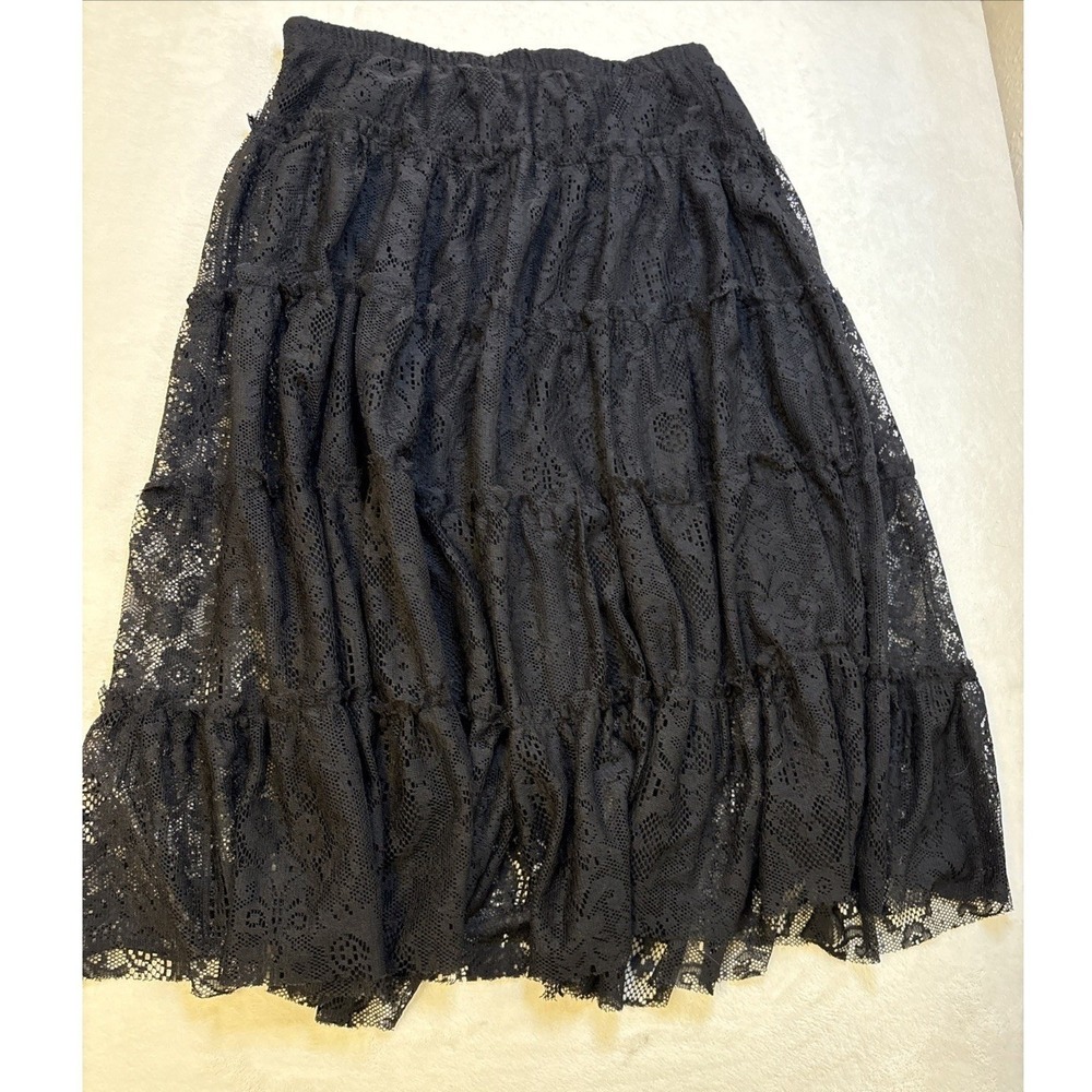 Vintage Y2K Black Lace Tiered Maxi Skirt Sheer Ruffle Whimsigoth Made in USA L